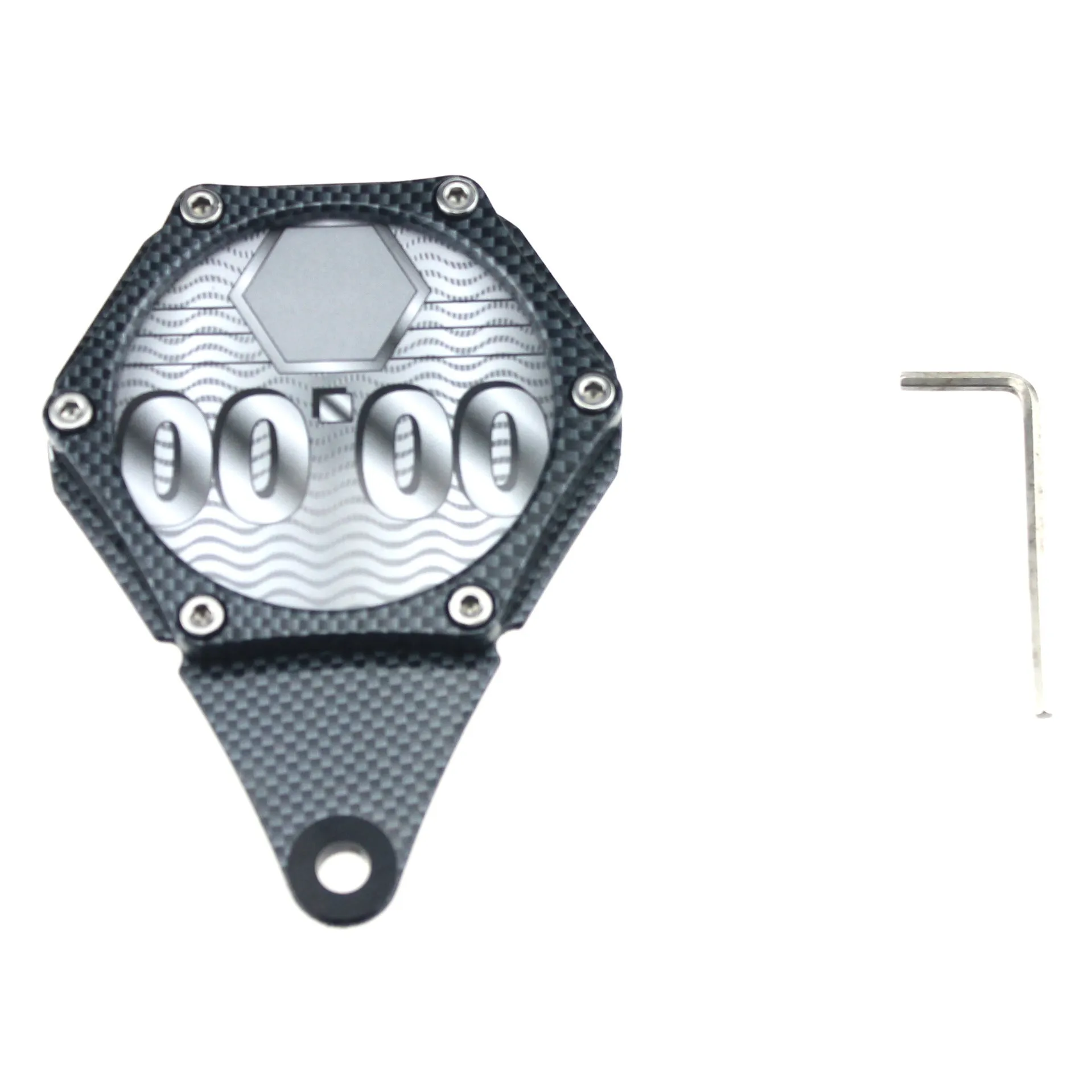 Black carbon fibre pattern motorcycle tax disc holder with metal aluminium alloy construction