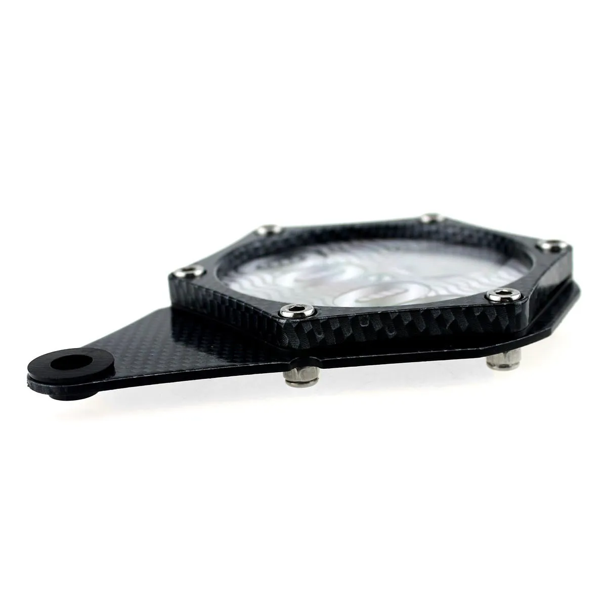 Black carbon fibre pattern motorcycle tax disc holder with metal aluminium alloy construction