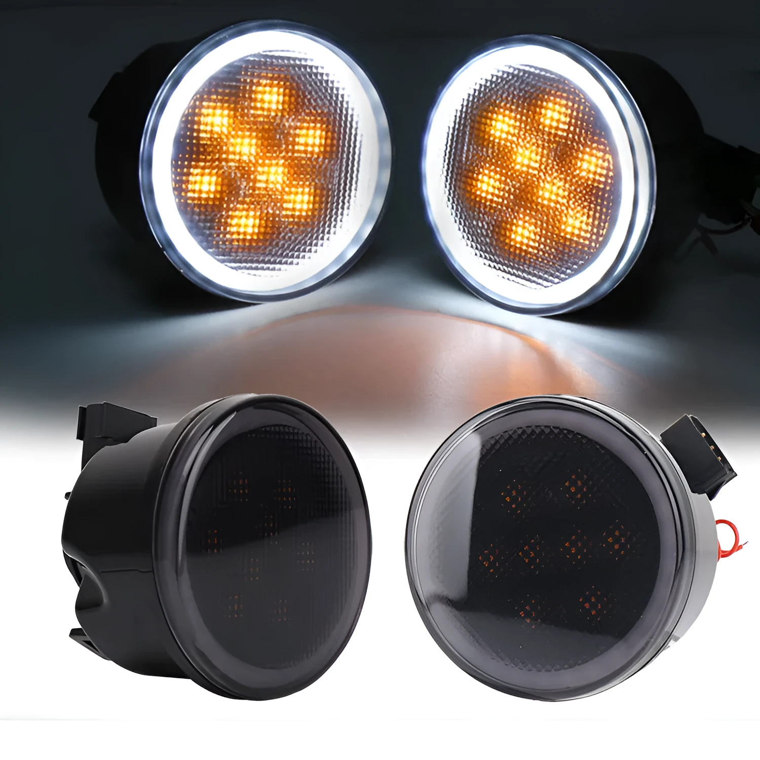 Pair of yellow LED turn signal lights mounted in Jeep Wrangler JK centre grille with ABS polymer housing