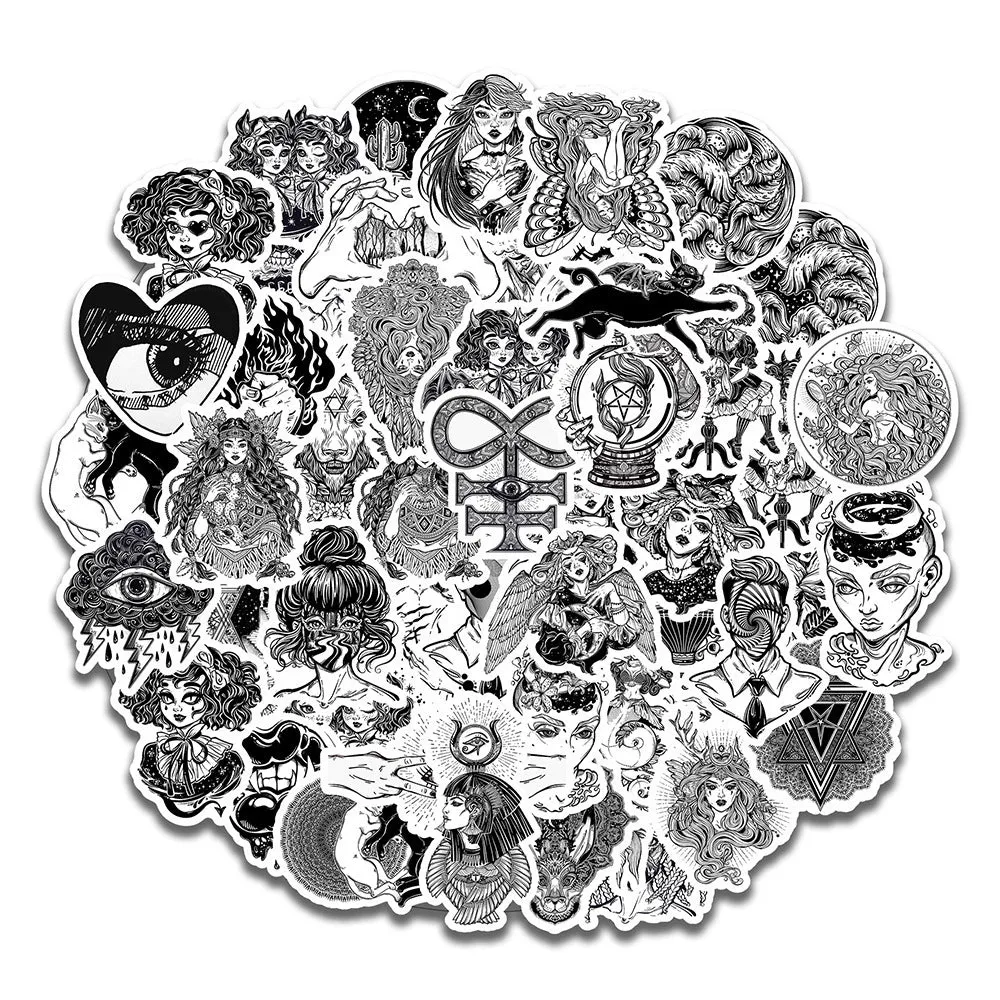 50 black and white gothic graffiti stickers on a table, showing assorted designs on a phone case and laptop