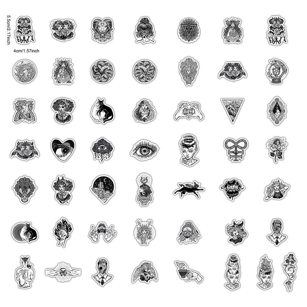 50 black and white gothic graffiti stickers on a table, showing assorted designs on a phone case and laptop