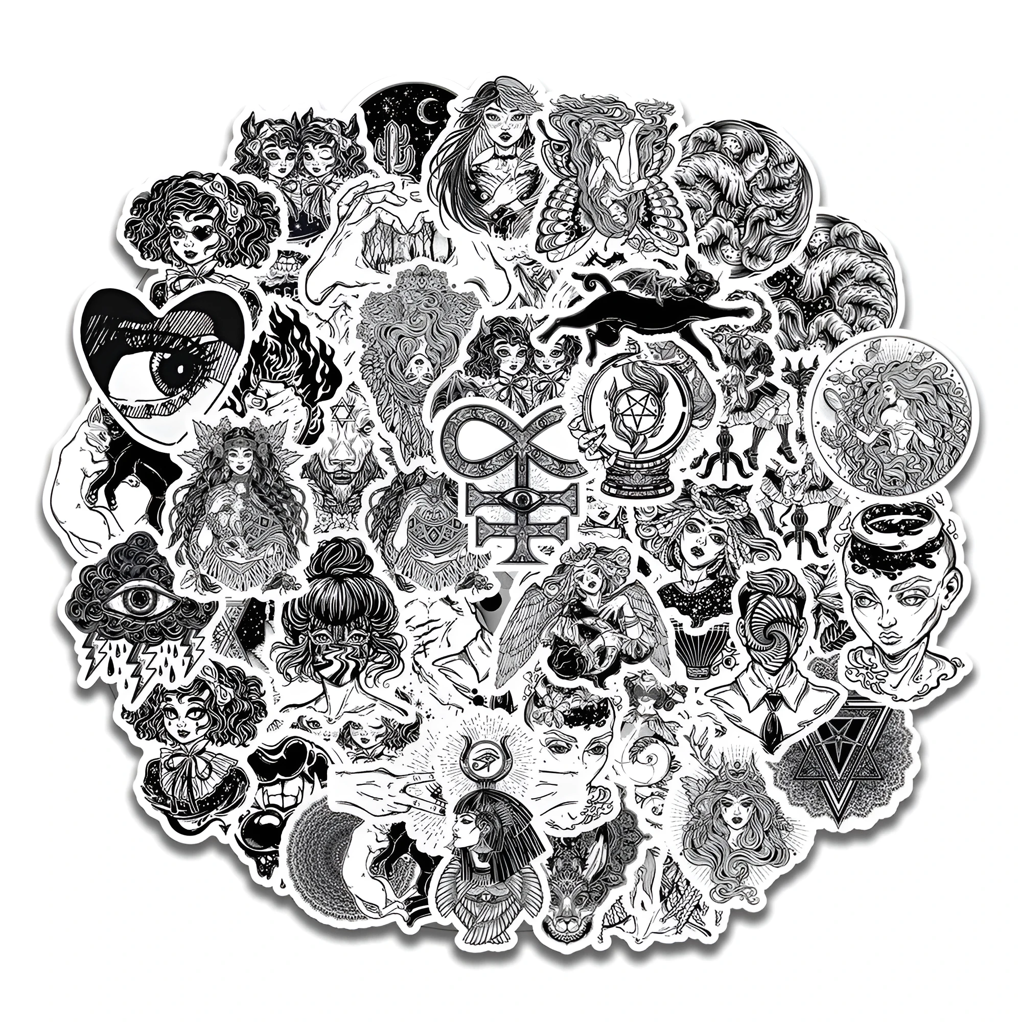 50 black and white gothic graffiti stickers on a table, showing assorted designs on a phone case and laptop