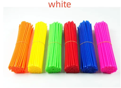 72 plastic motorcycle spoke wraps in assorted colours, 24cm length, on a wheel