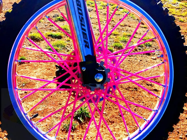 72 plastic motorcycle spoke wraps in assorted colours, 24cm length, on a wheel