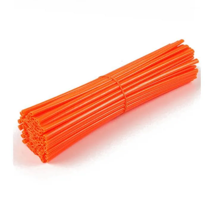 72 plastic motorcycle spoke wraps in assorted colours, 24cm length, on a wheel