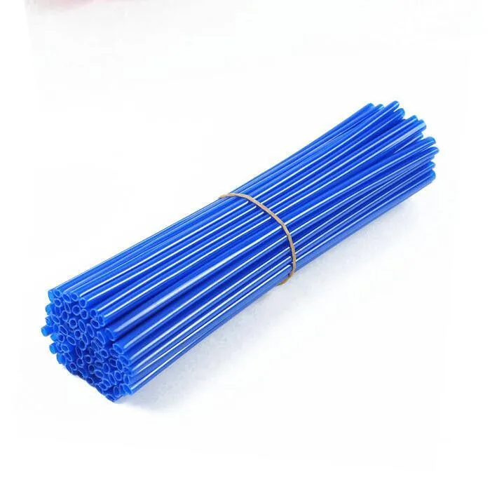 72 plastic motorcycle spoke wraps in assorted colours, 24cm length, on a wheel