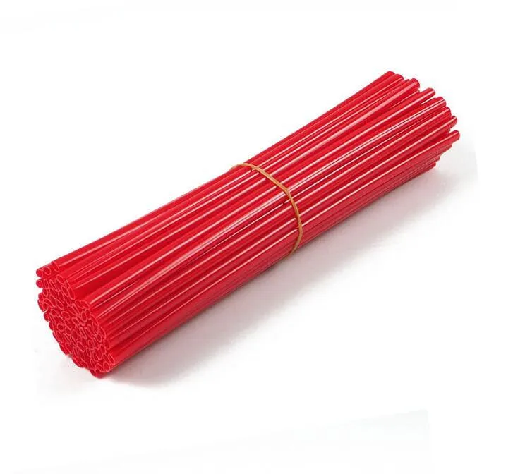 72 plastic motorcycle spoke wraps in assorted colours, 24cm length, on a wheel