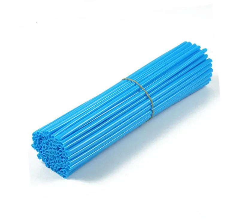 72 plastic motorcycle spoke wraps in assorted colours, 24cm length, on a wheel