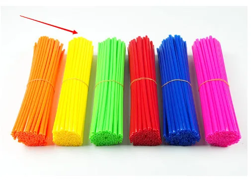 72 plastic motorcycle spoke wraps in assorted colours, 24cm length, on a wheel