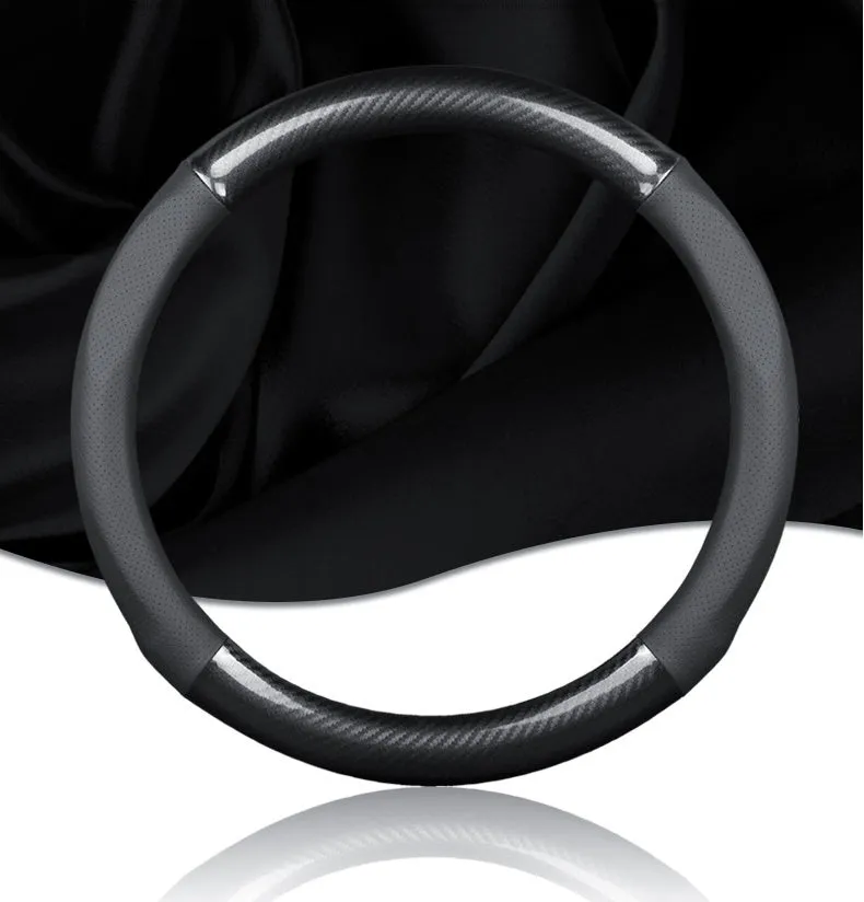 Universal 38cm leather carbon fiber steering wheel cover in mirror black with hole option