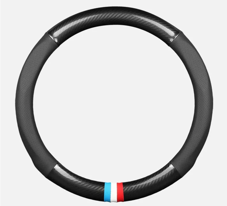 Universal 38cm leather carbon fiber steering wheel cover in mirror black with hole option
