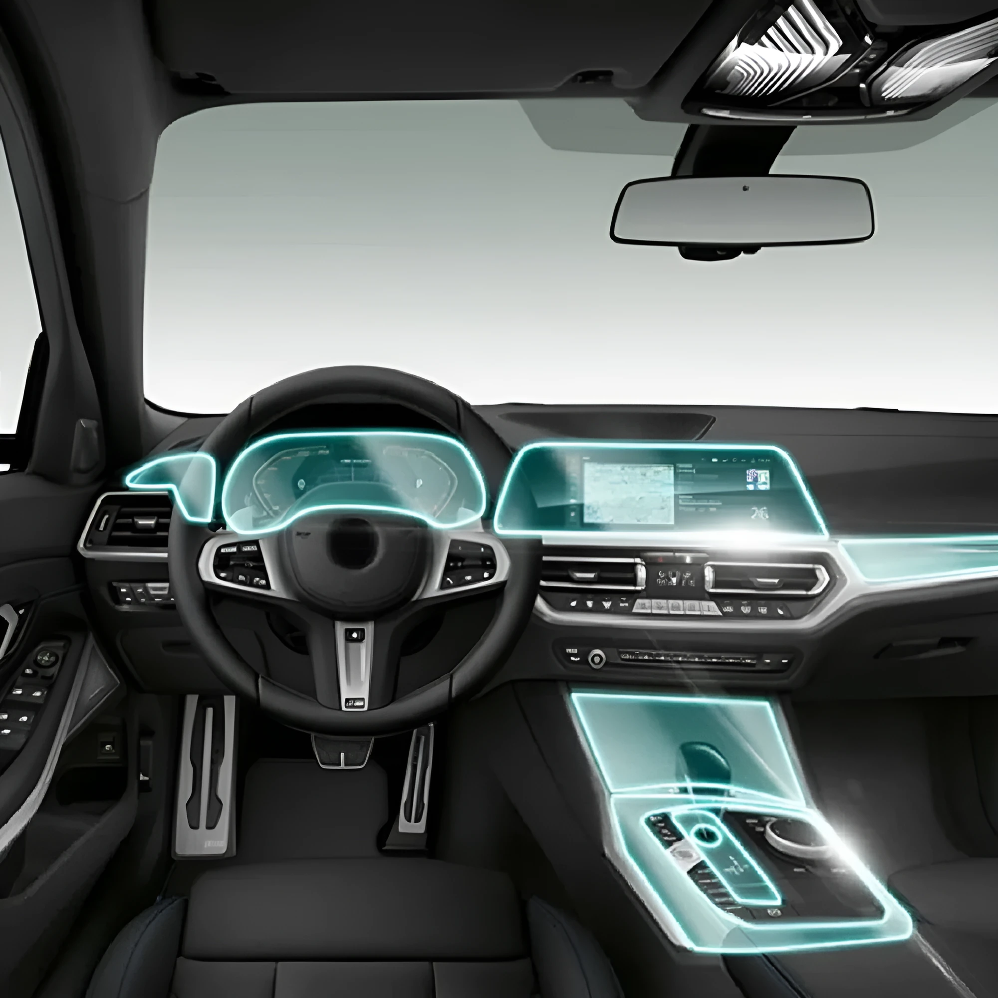 Transparent TPU interior protection film kit for BMW 3 Series dashboard and centre console.