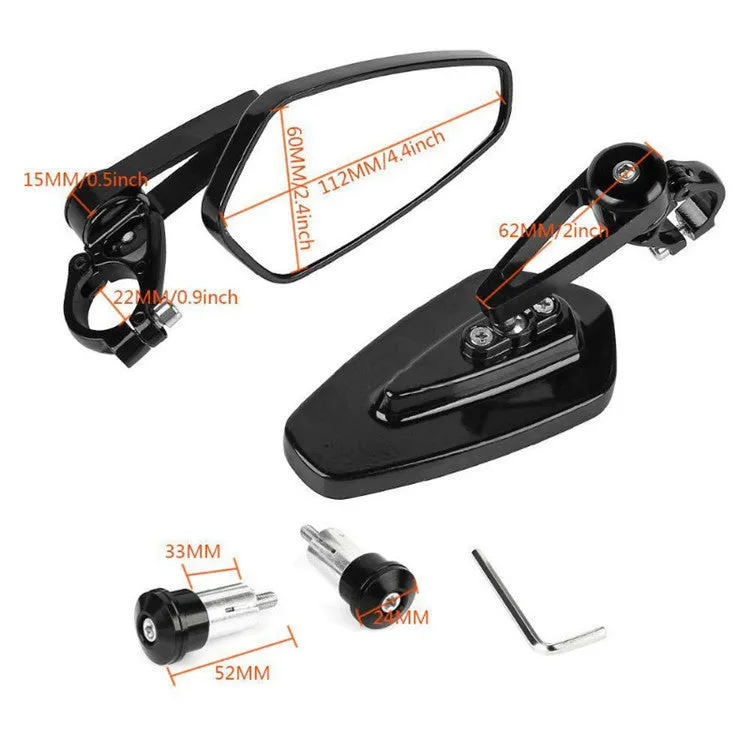 Pair of black 22mm universal aluminium alloy motorcycle handlebar end rearview mirrors