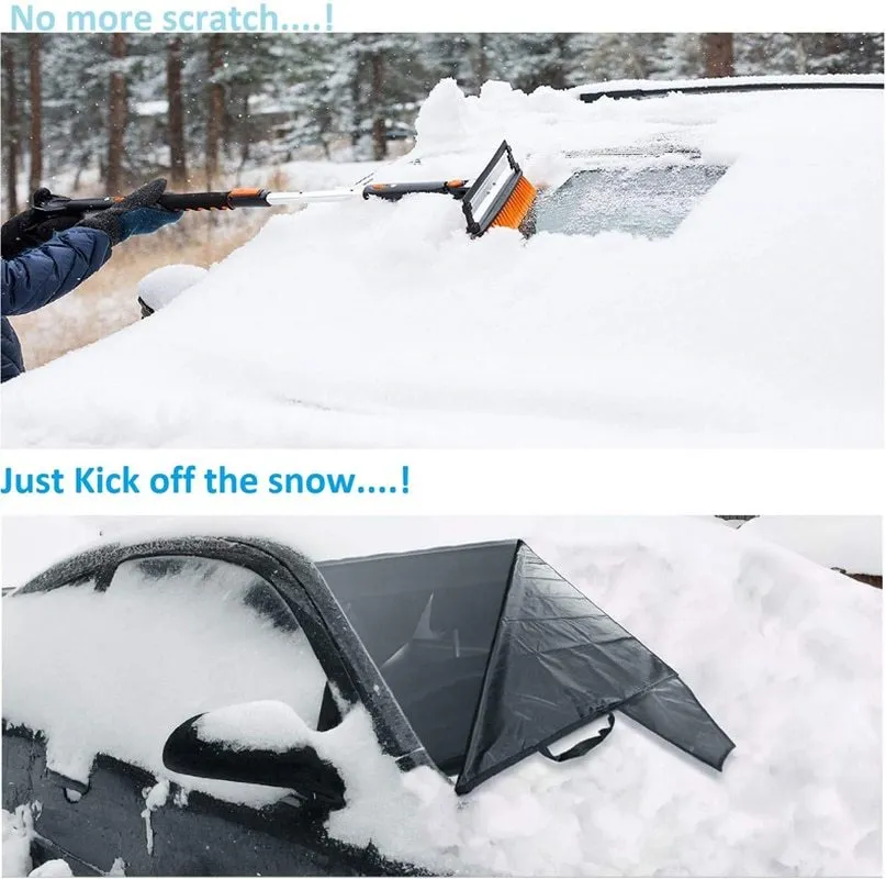 Black rubber Oxford cloth windshield ice and snow gown draped over car windscreen in winter