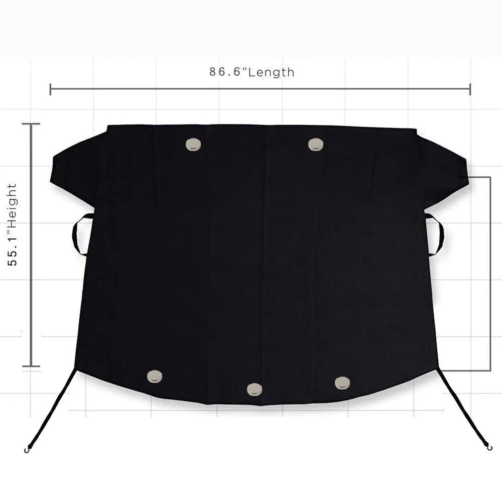 Black rubber Oxford cloth windshield ice and snow gown draped over car windscreen in winter