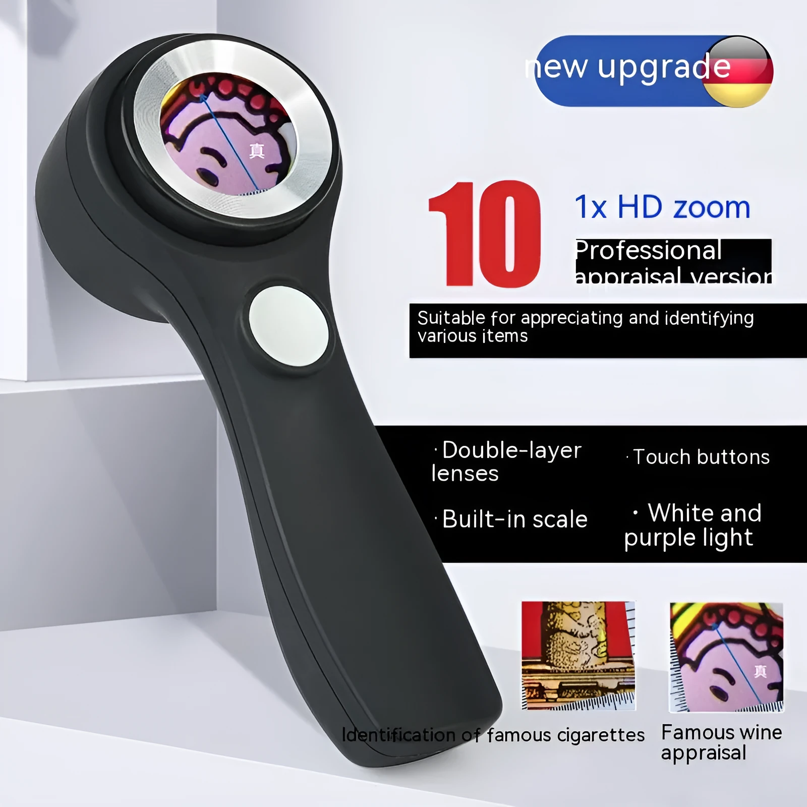Black appraisal magnifying glass with 30x optical lens and LED light for jewellery inspection