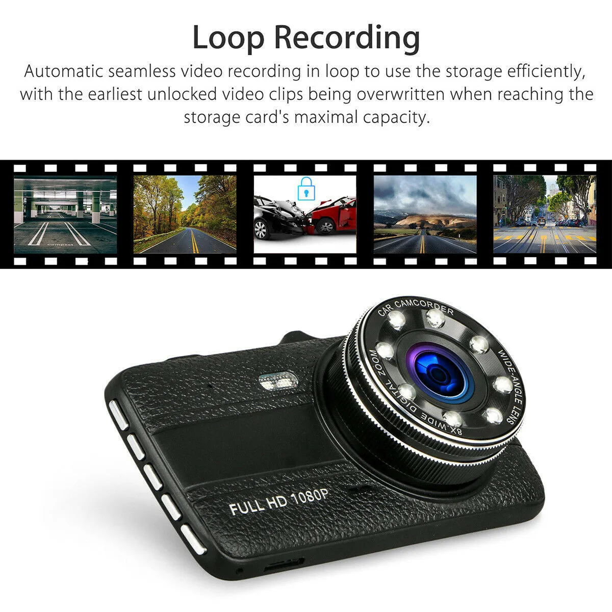 HD driving recorder with eight night vision lights and 4.0 inch screen installed on car windscreen