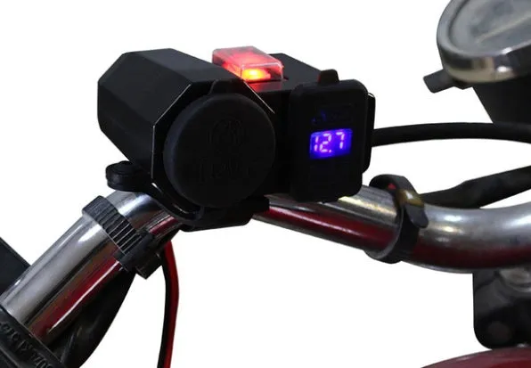 Black dual USB waterproof motorcycle charger with voltmeter and cigarette lighter mounted on handlebar