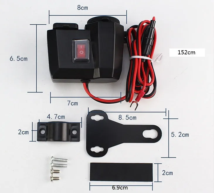 Black dual USB waterproof motorcycle charger with voltmeter and cigarette lighter mounted on handlebar