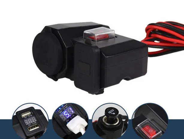 Black dual USB waterproof motorcycle charger with voltmeter and cigarette lighter mounted on handlebar