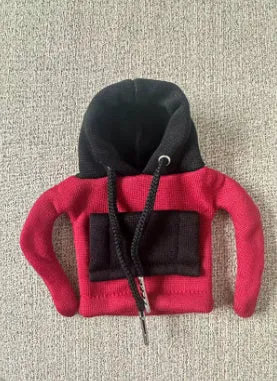 Polyester knit hood cover for car gear lever in red and white colour combination.