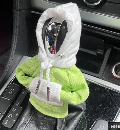 Polyester knit hood cover for car gear lever in red and white colour combination.