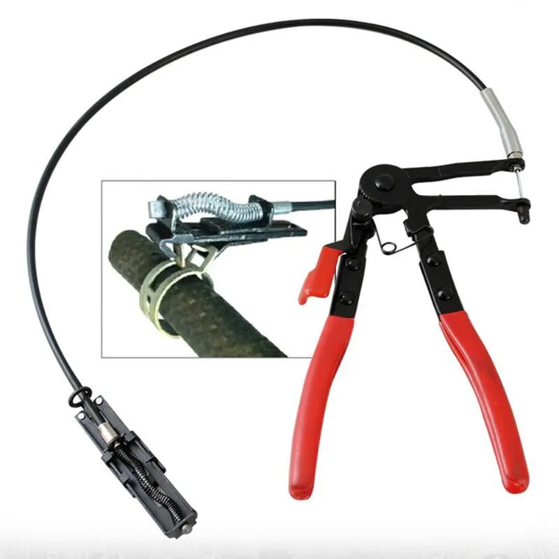 Red carbon steel flexible wire hose clamp measuring 390 by 190 by 35 mm on an isolated background