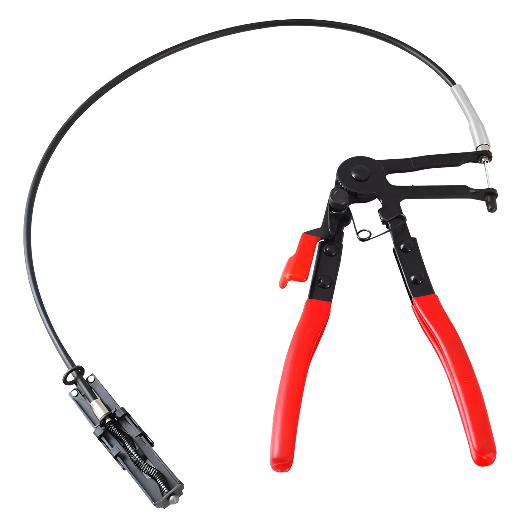 Red carbon steel flexible wire hose clamp measuring 390 by 190 by 35 mm on an isolated background