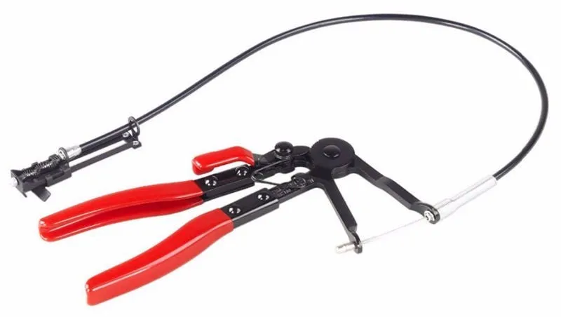 Red carbon steel flexible wire hose clamp measuring 390 by 190 by 35 mm on an isolated background
