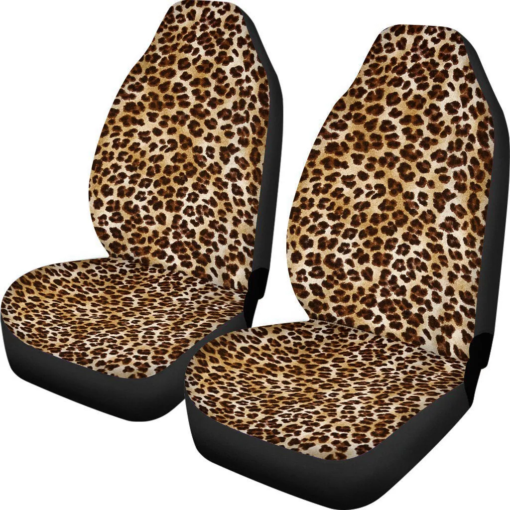Universal fit cow spot leopard print retro style car seat cover set for front seats.