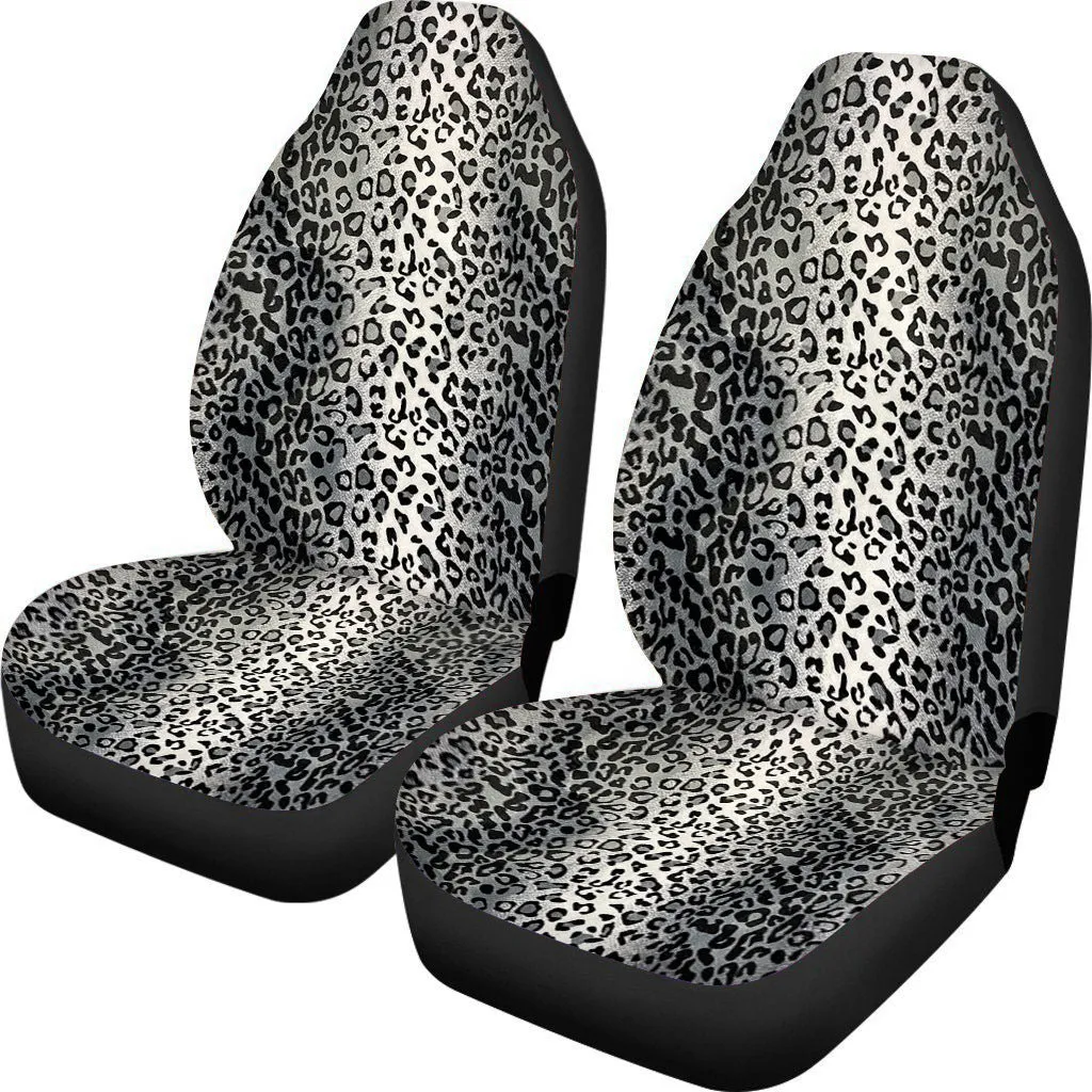 Universal fit cow spot leopard print retro style car seat cover set for front seats.
