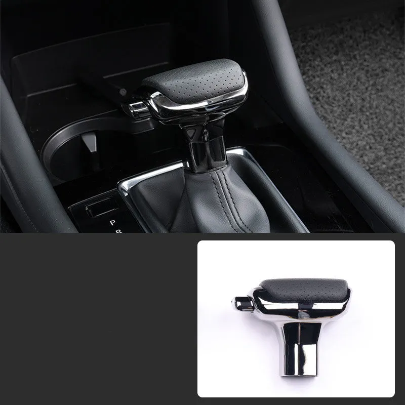 Genuine leather car gear shift knob in black and silver decoration