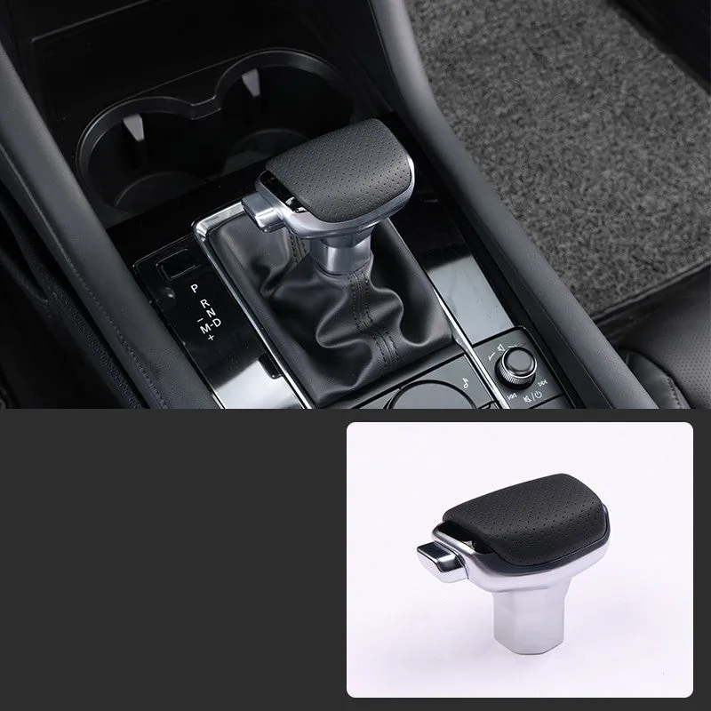 Genuine leather car gear shift knob in black and silver decoration