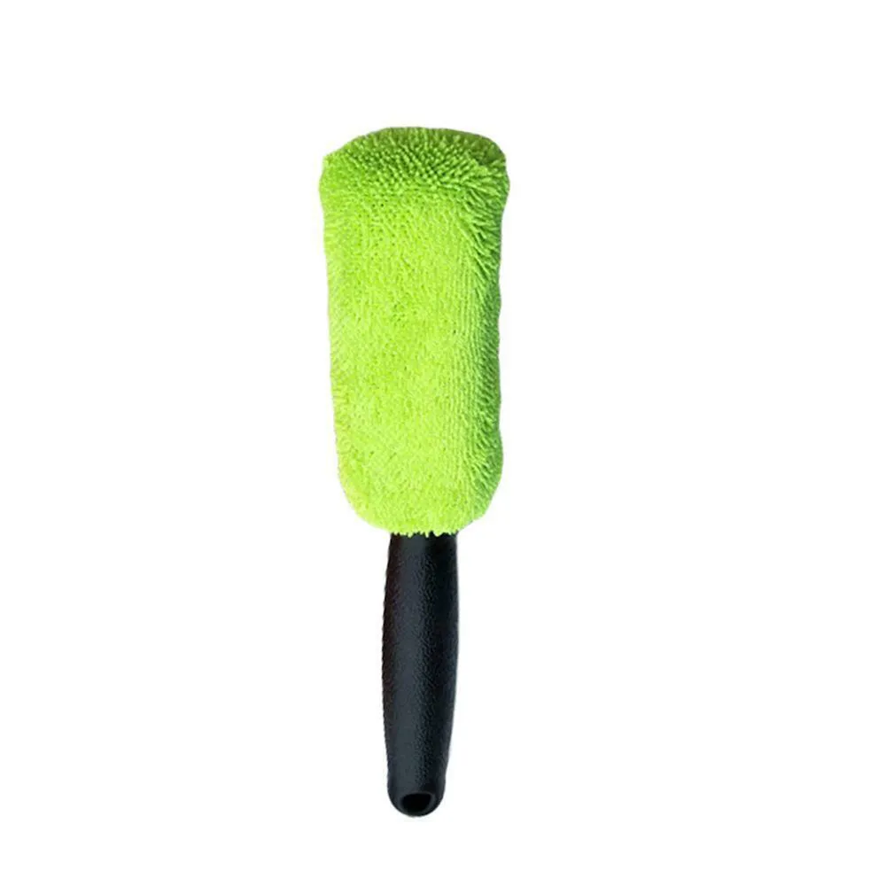 Microfiber long handle tire brush with blue head, 27 x 5 cm, for car wheel cleaning