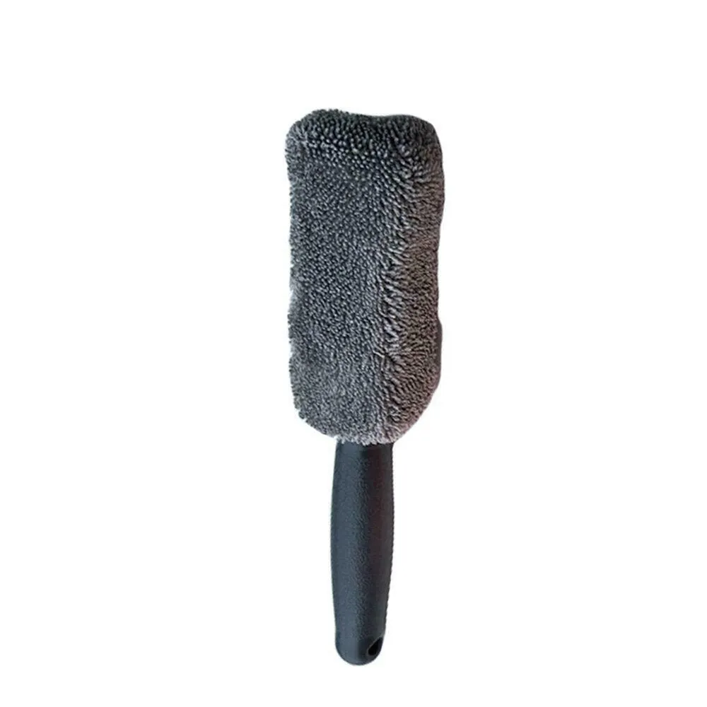 Microfiber long handle tire brush with blue head, 27 x 5 cm, for car wheel cleaning