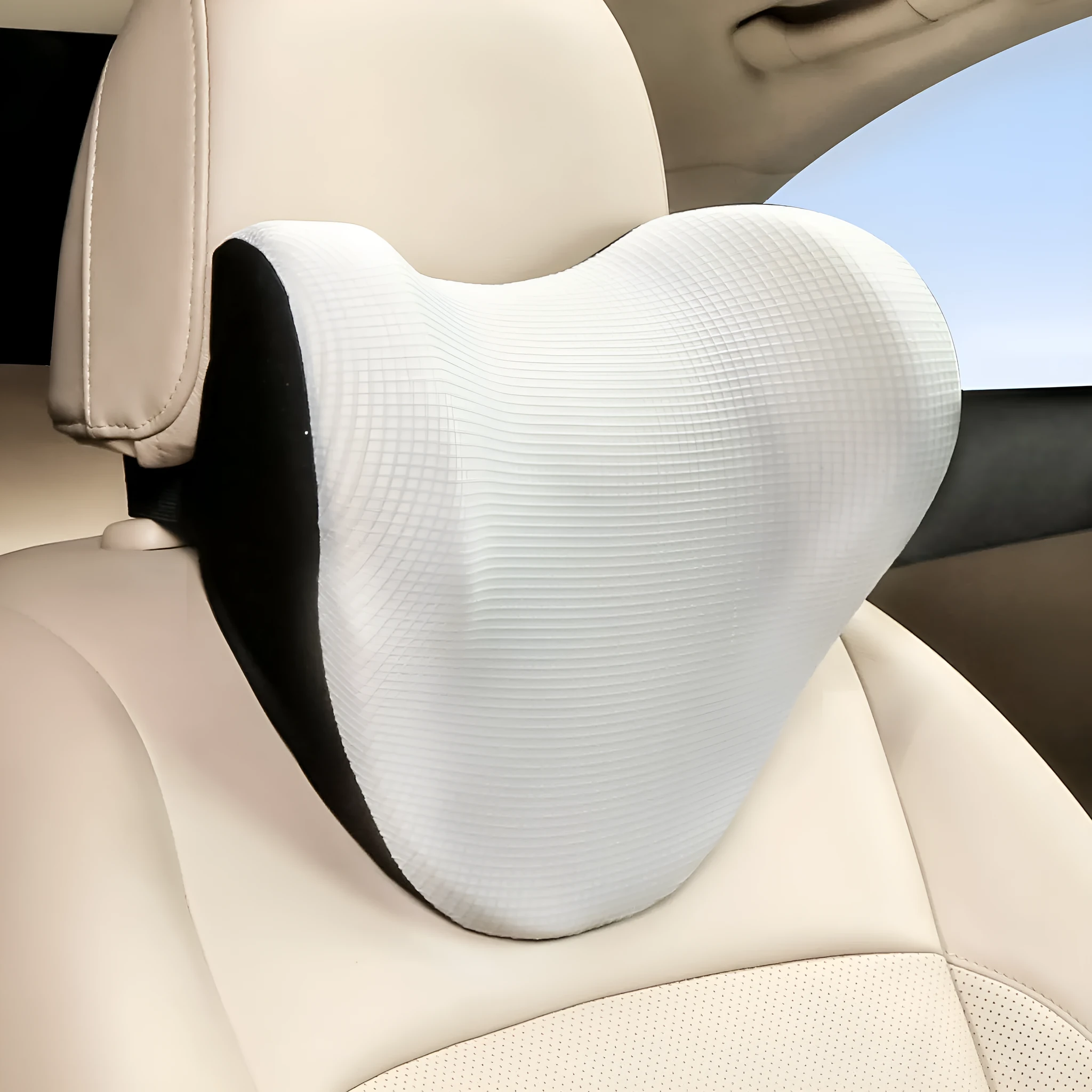 Car neck pillow with ice wire breathable cover and memory cotton filling, 28x29x15cm, black colour