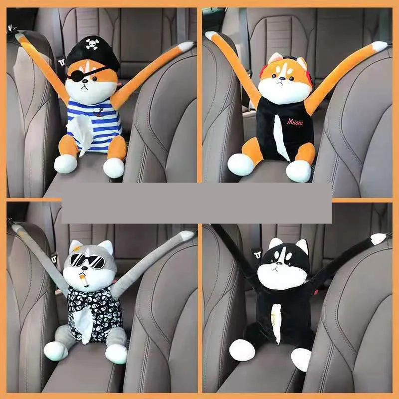 Plush car armrest hanging tissue box with lid, Captain Dog model, size 26x35cm