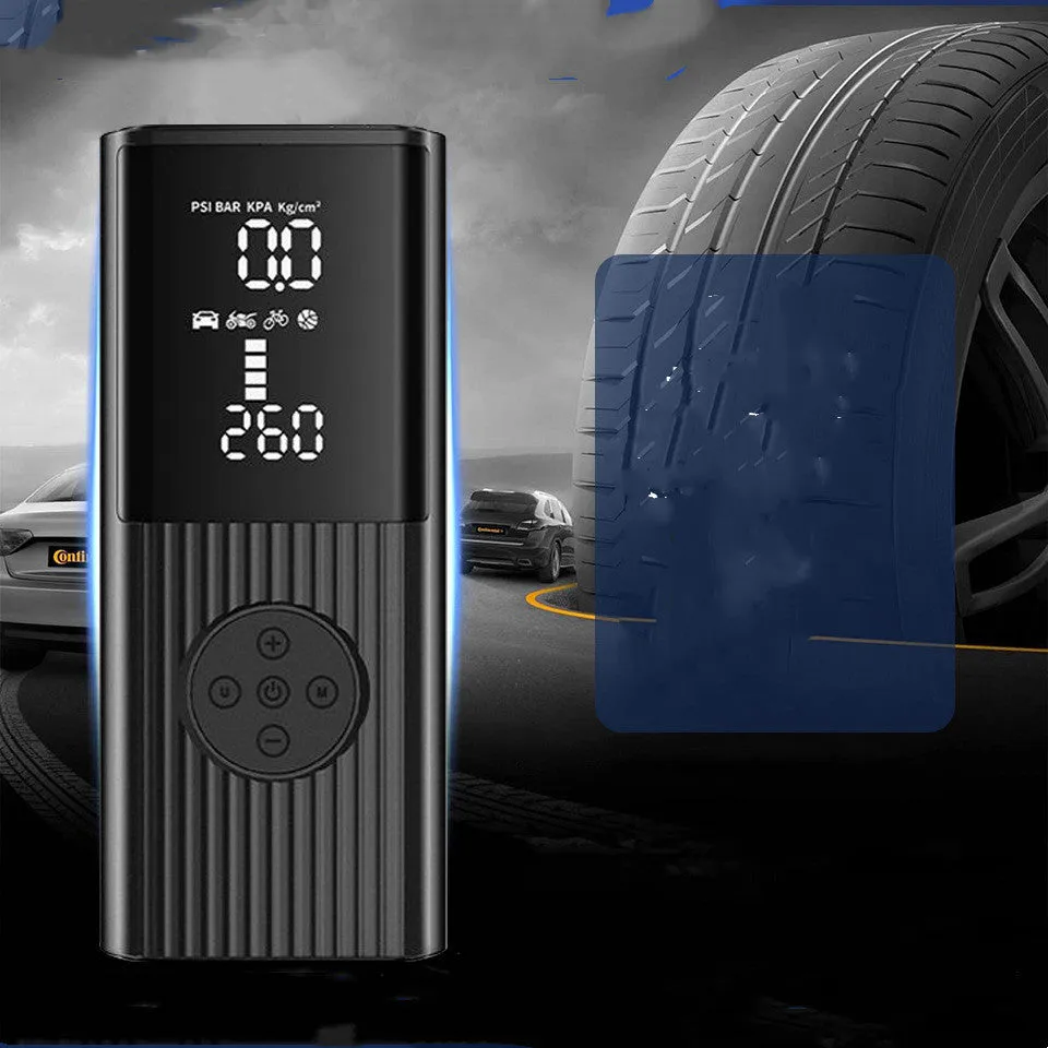 Wireless car tyre inflator pump with LED light, USB port, and storage bag with accessories.