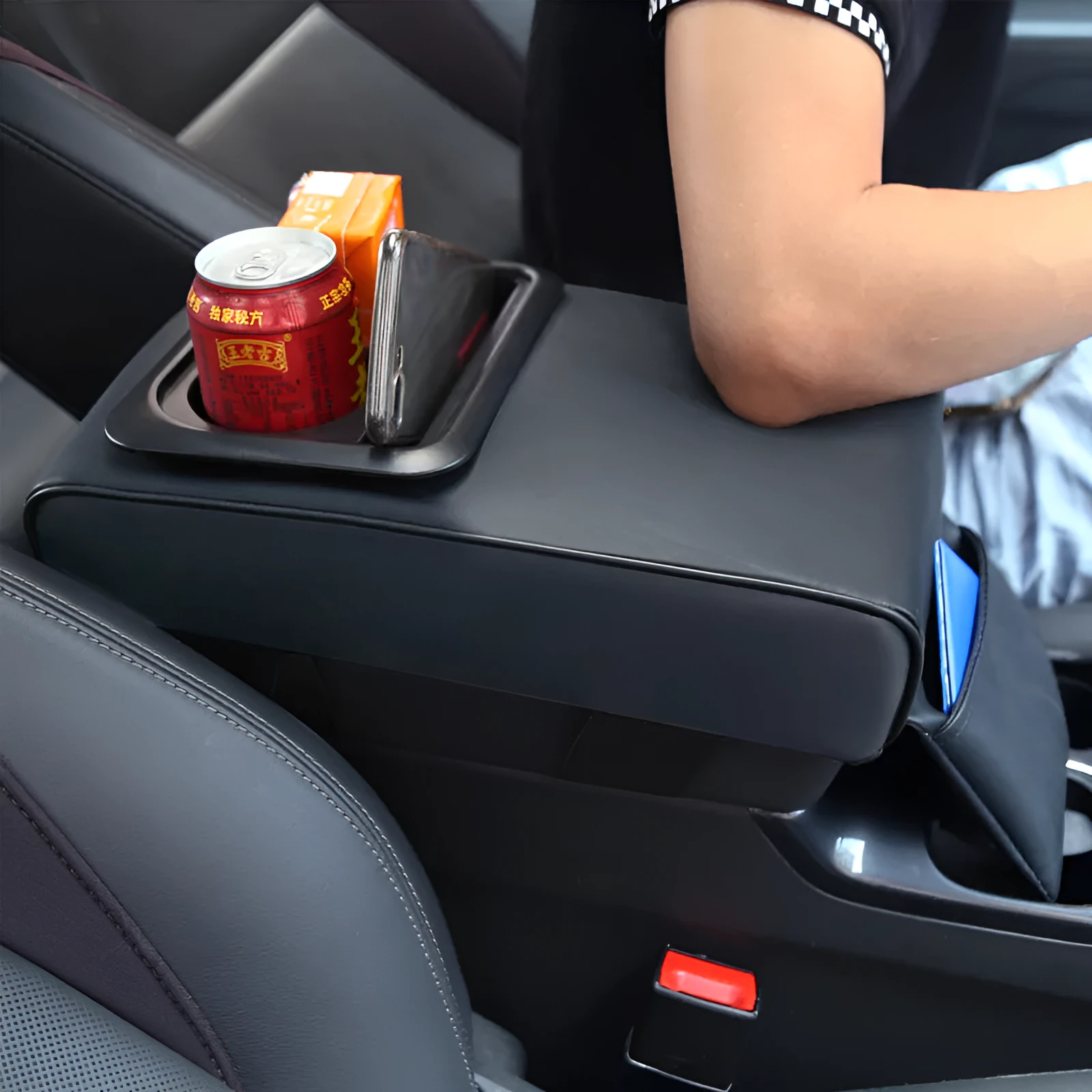 Beige leather car armrest box with water cup holder on a car centre console