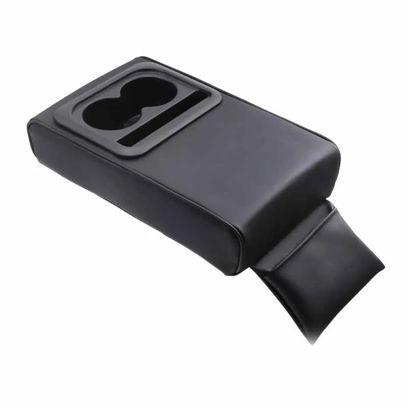 Beige leather car armrest box with water cup holder on a car centre console
