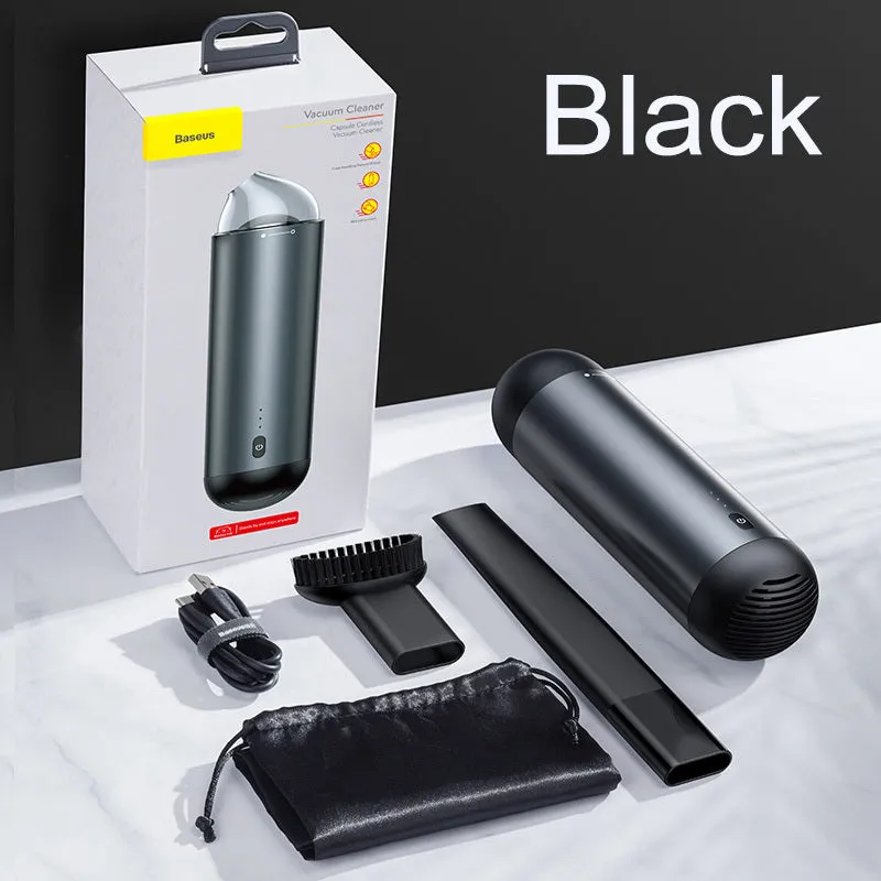 Wireless portable mini car vacuum cleaner in aluminium alloy and ABS plastic, black colour