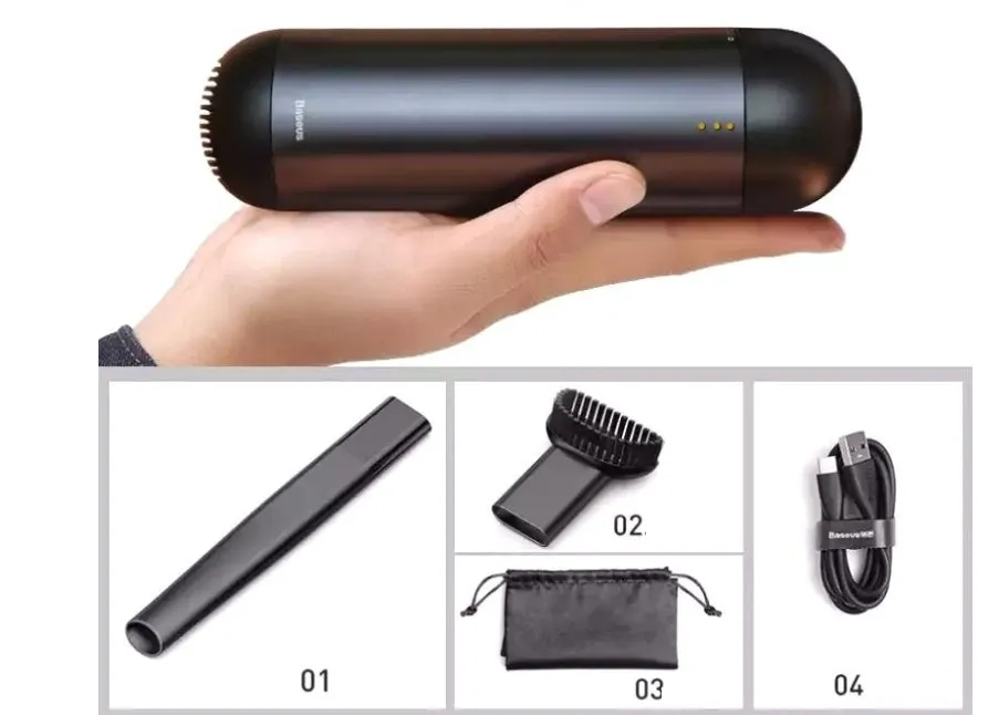 Wireless portable mini car vacuum cleaner in aluminium alloy and ABS plastic, black colour