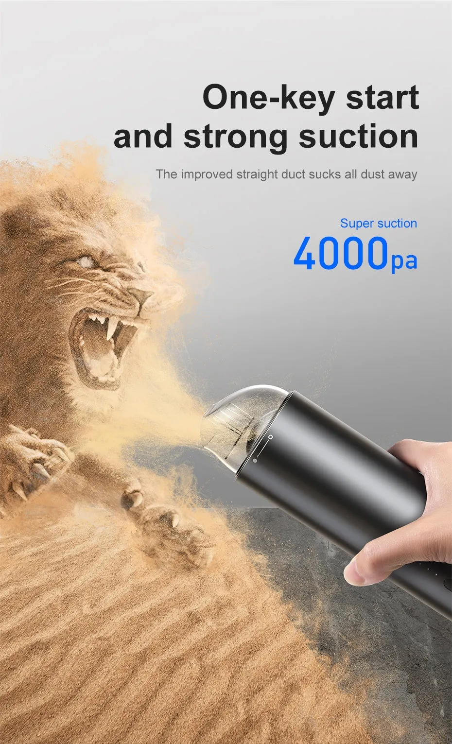 Wireless portable mini car vacuum cleaner in aluminium alloy and ABS plastic, black colour