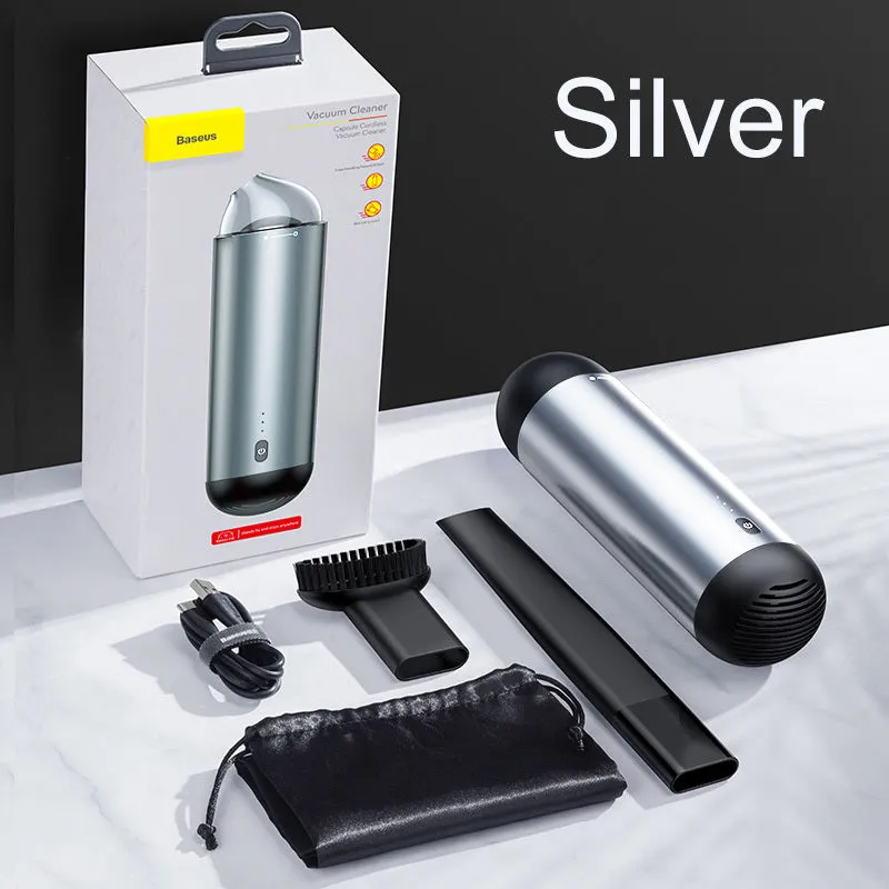 Wireless portable mini car vacuum cleaner in aluminium alloy and ABS plastic, black colour