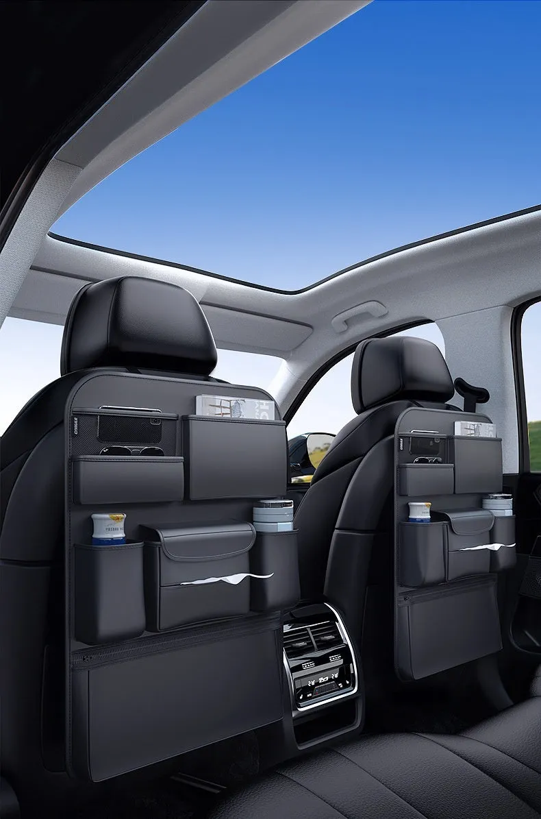 Black leather car seat back hanging storage bag with handle, shown in large and small size options.