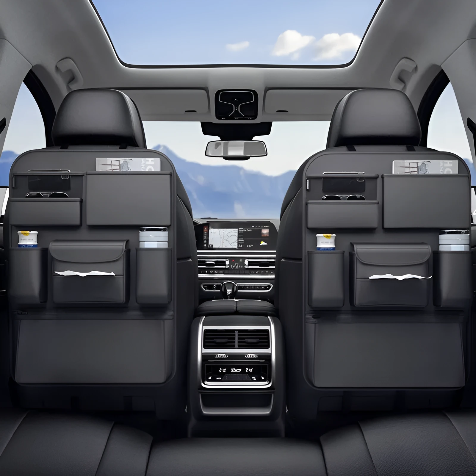Black leather car seat back hanging storage bag with handle, shown in large and small size options.