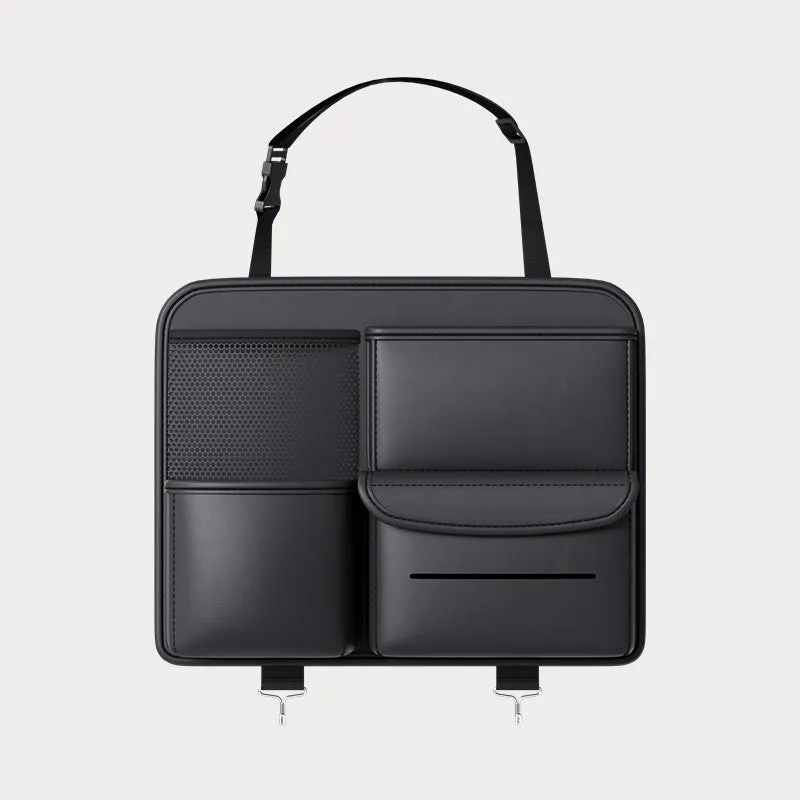 Black leather car seat back hanging storage bag with handle, shown in large and small size options.