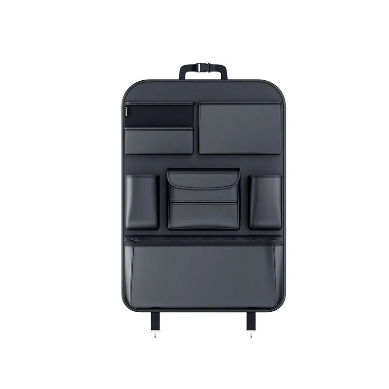 Black leather car seat back hanging storage bag with handle, shown in large and small size options.