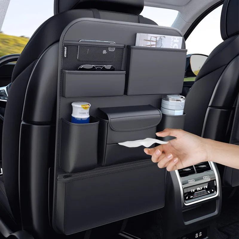 Black leather car seat back hanging storage bag with handle, shown in large and small size options.