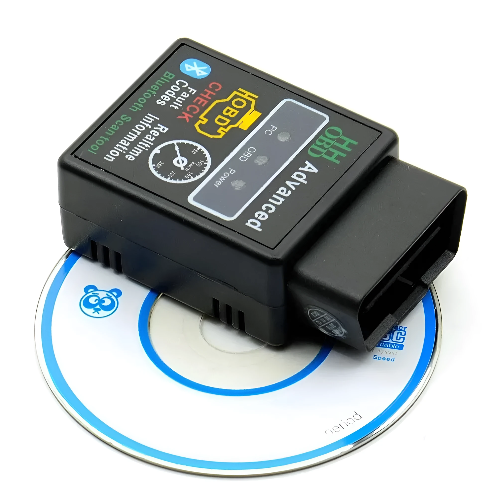 V1.5 Bluetooth OBD2 ELM327 car diagnostic scanner in black plastic housing